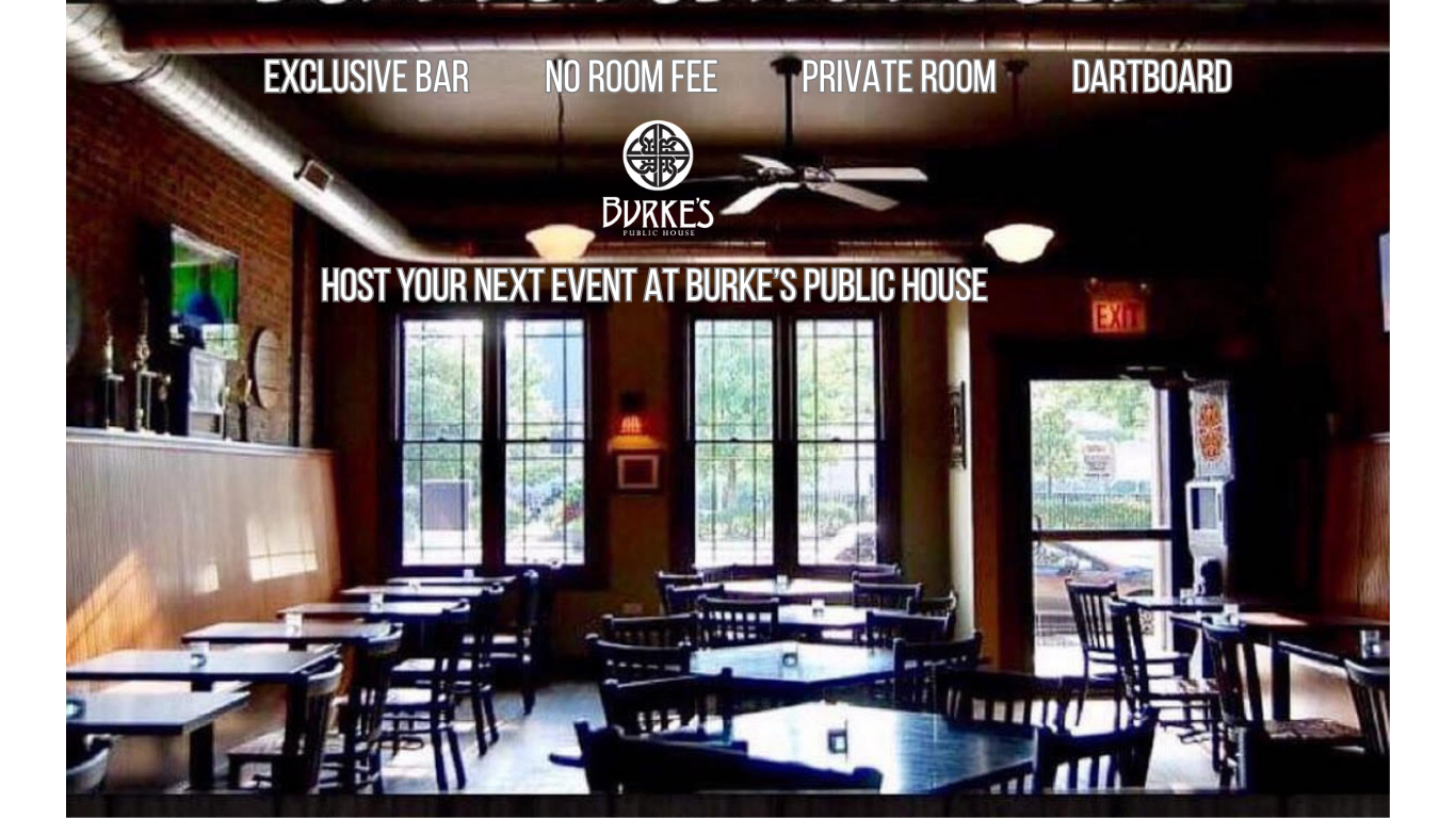 Host Your Next Event At Burke’s Public House Burke's Public House event space with private dining room featuring dark wood tables, chairs, dartboard, and large windows for hosting parties, meetings, and special events