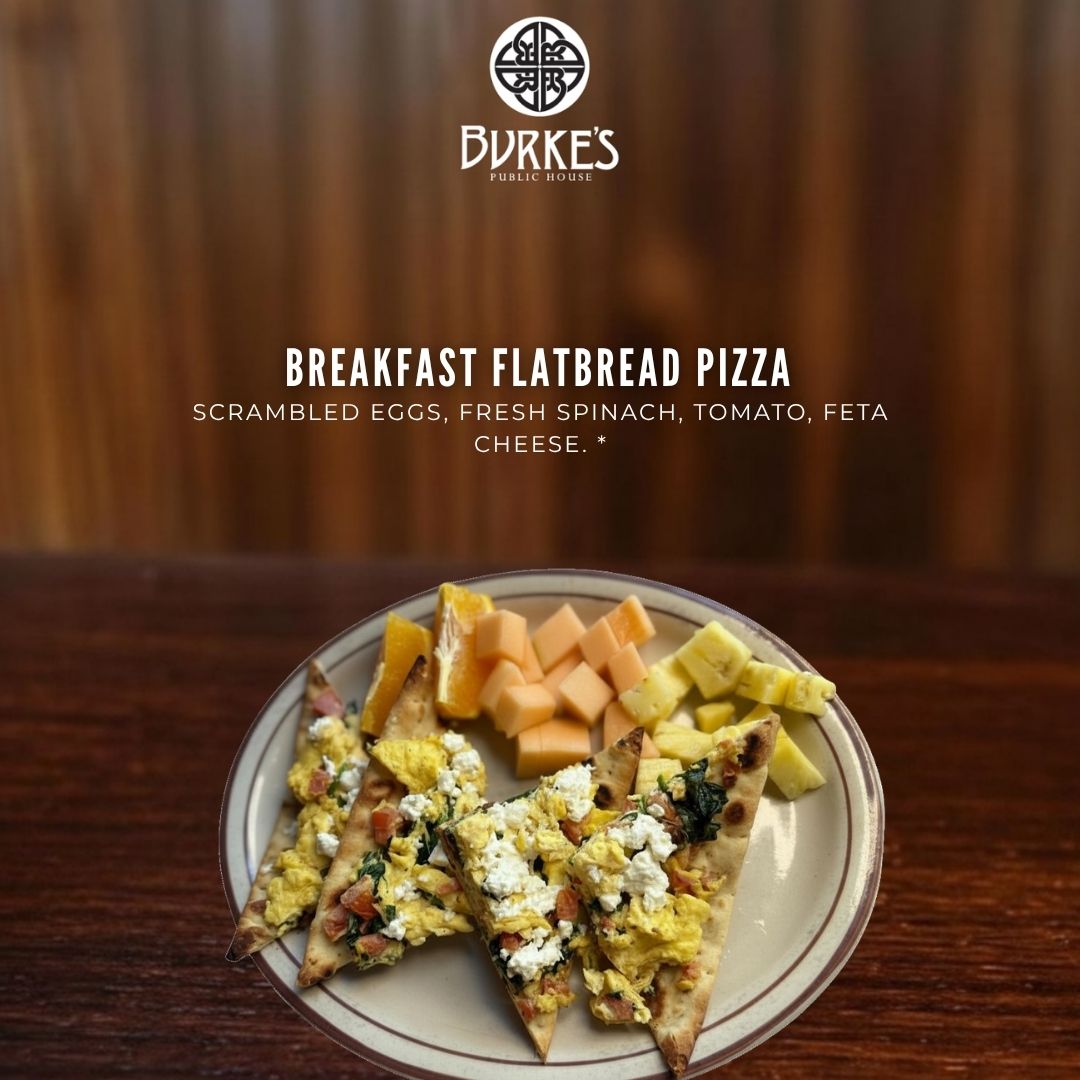 Breakfast Flatbread Pizza with Scrambled Eggs, Spinach and Feta Cheese – Burke's Public House Edgewater Chicago Breakfast flatbread pizza with scrambled eggs, fresh spinach, tomato and feta cheese at Burke's Public House in Edgewater Chicago
