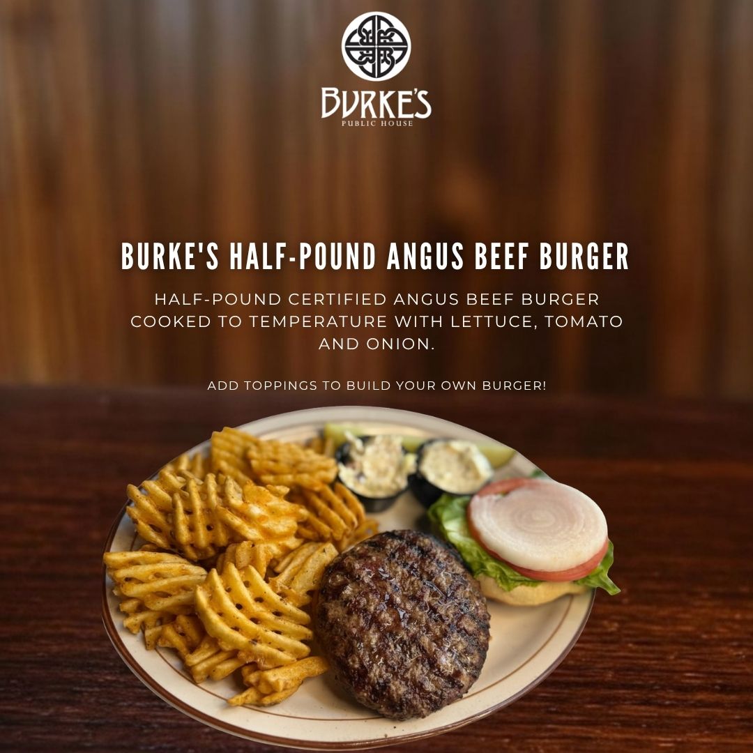 Half-Pound Certified Angus Beef Burger – Burke's Public House Edgewater Chicago Half-pound Certified Angus Beef burger cooked to temperature with lettuce, tomato and onion at Burke's Public House in Edgewater Chicago