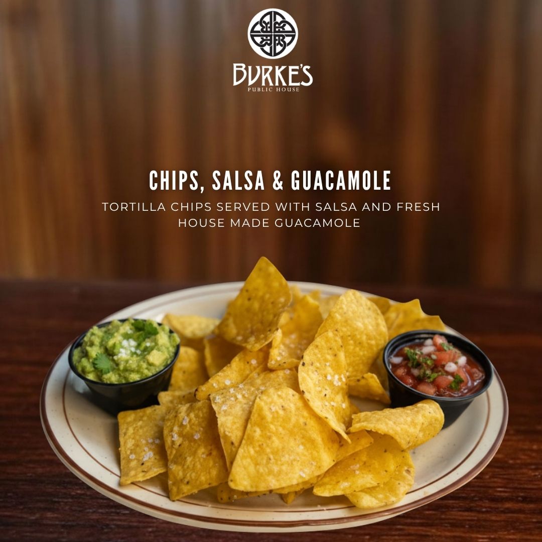 Chips, Salsa & Guacamole appetizer at Burke's Public House, 5401 N Broadway, Chicago IL 60640 – tortilla chips served with salsa and fresh house-made guacamole