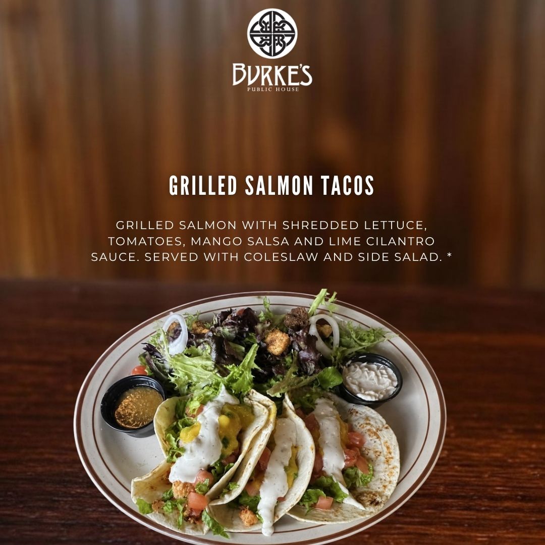 Grilled salmon tacos with shredded lettuce, tomatoes, mango salsa, lime cilantro sauce, spicy coleslaw and side salad at Burke's Public House in Edgewater Chicago