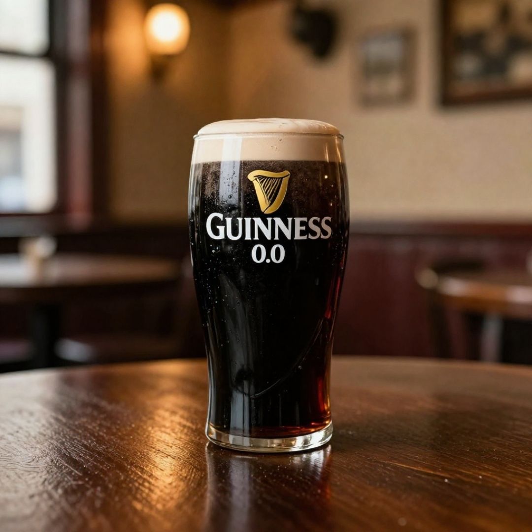 Guinness 0.0 Non-Alcoholic Stout – Burke's Public House Guinness 0.0 non-alcoholic stout served in a pint glass at Burke's Public House