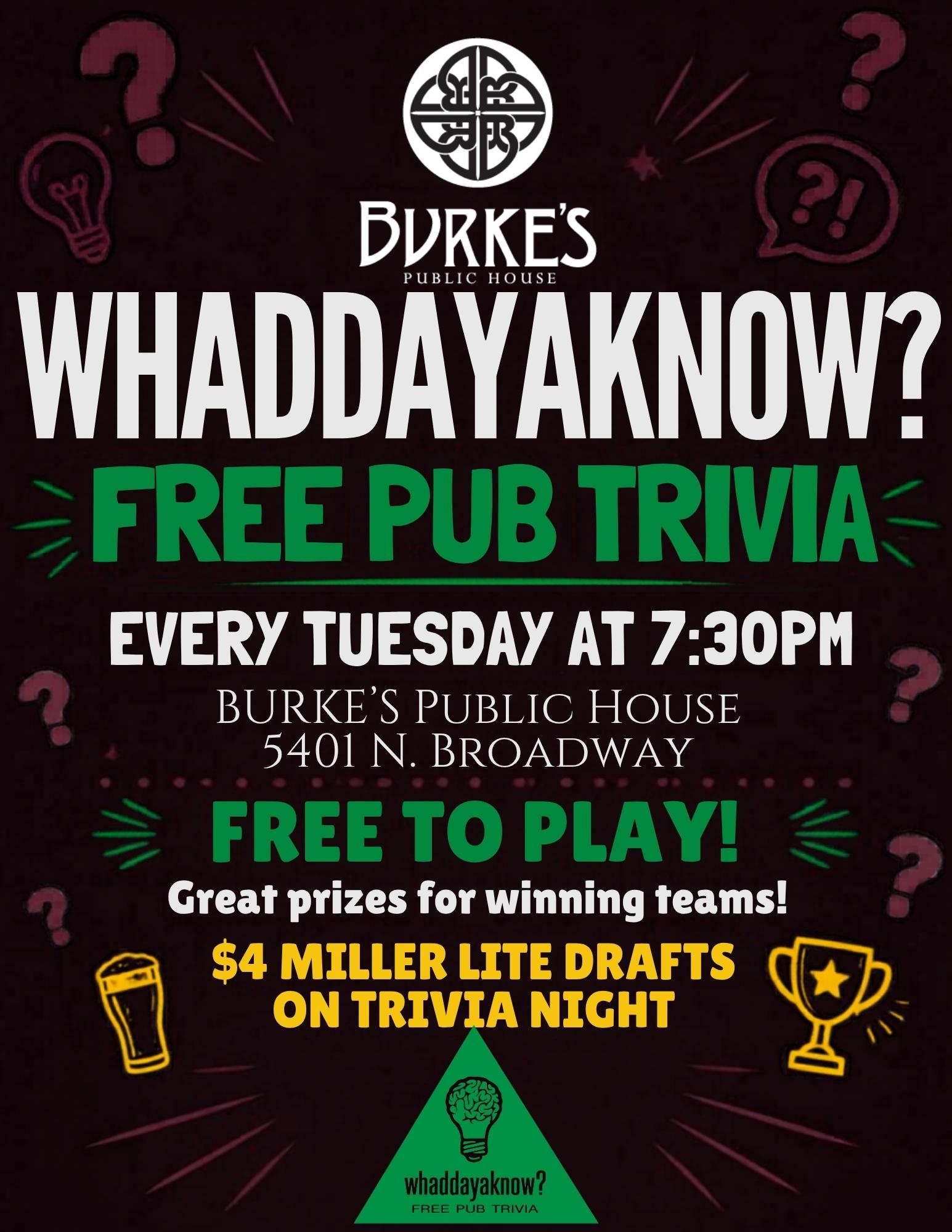 Free Pub Trivia Night at Burke's Public House Edgewater Chicago - Whaddayaknow Trivia Every Tuesday 7:30pm