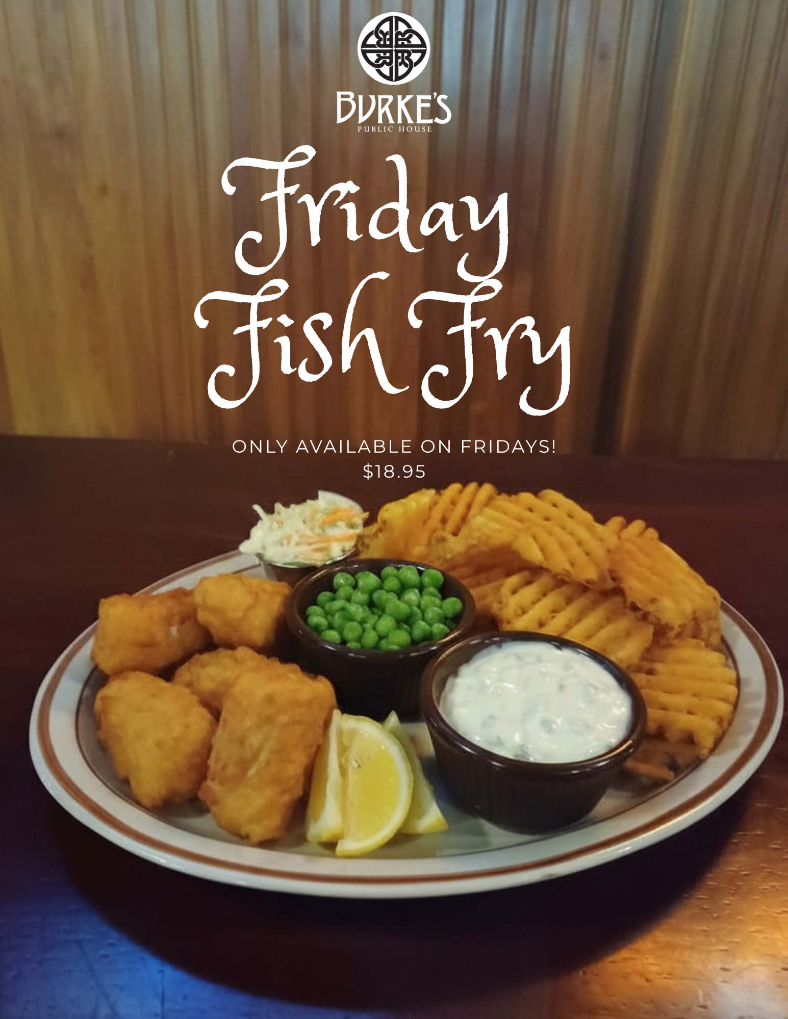 Friday Fish Fry at Burke's Public House - beer battered cod with waffle fries and coleslaw