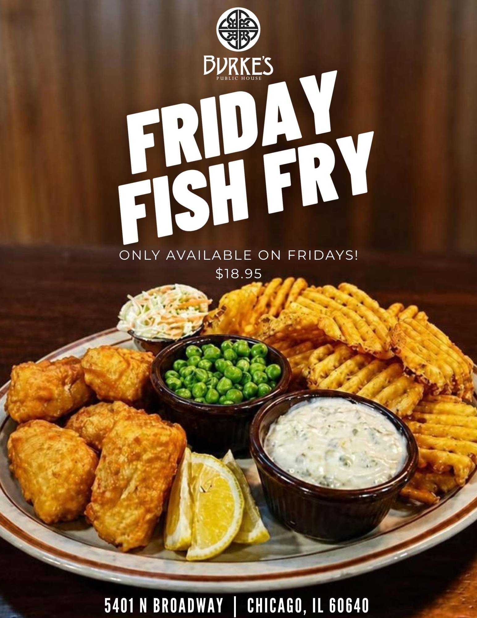Friday Fish Fry at Burke's Public House - beer battered cod with waffle fries and coleslaw